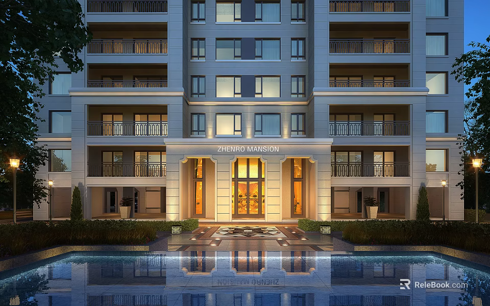 Elegant Modern Zhenro Mansion Residential Entrance With Pool Reflection Lighting And Greenery 3d model 