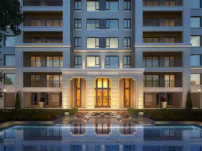 Elegant Modern Zhenro Mansion Residential Entrance With Pool Reflection Lighting And Greenery 3d model