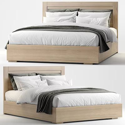 Modern Minimalist Double Bed With Wooden Frame White Bed Sheets Gray Blanket And Pillows 3d model