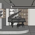 Modern Study Room Interior Featuring Black Piano Sheet Music Piano Stool Wooden Bookshelves And Spotlights