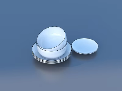 White Dinnerware Set with Stacked Bowls Plates and Small Dishes Black Rim Grey Background 3d model