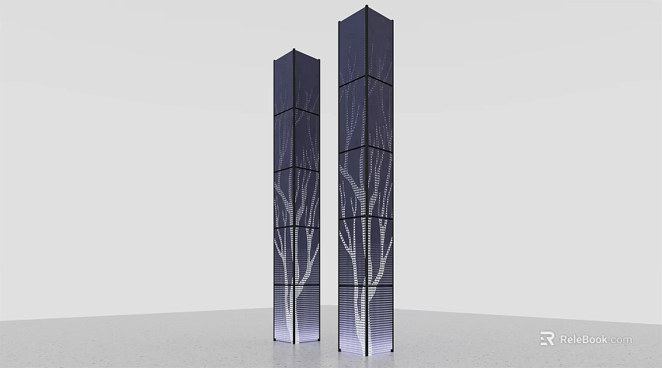 Two Modern Architectural Columns Featuring Structured Line Patterns and Contemporary Design Elements 3d model 