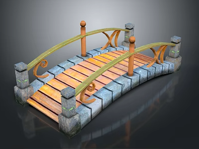 Ornate Small Bridge With Stone Base Wooden Deck And Curved Golden Railings 3d model