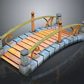 Ornate Small Bridge With Stone Base Wooden Deck And Curved Golden Railings