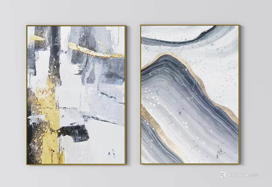 Abstract Modern Wall Art Paintings With Gold Accents And Gray White Tones 3d model 