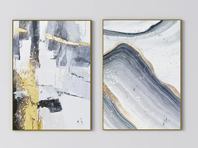 Abstract Modern Wall Art Paintings With Gold Accents And Gray White Tones 3d model
