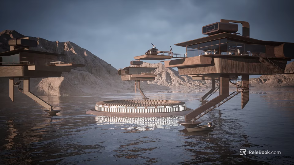 Cartoon Scenery of Futuristic Waterfront Structures with Floating Platforms Helicopter Mountainous Background and Small Boat 3d model 