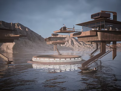 Cartoon Scenery of Futuristic Waterfront Structures with Floating Platforms Helicopter Mountainous Background and Small Boat 3d model