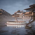 Cartoon Scenery of Futuristic Waterfront Structures with Floating Platforms Helicopter Mountainous Background and Small Boat
