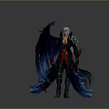Game Movie Character With White Hair Black Red Outfit Large Blue Black Wings Holding Long Sword Fantasy Style