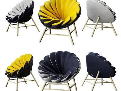 Modern Petal Shaped Accent Chair in Yellow Black Gray Blue with Gold Metal Legs 3d model