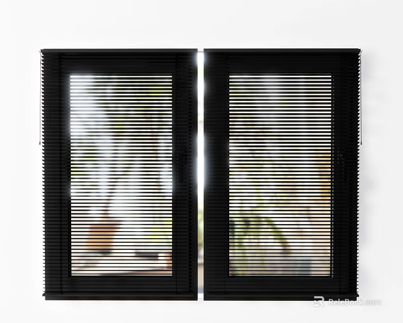 Black Casement Windows with Built in Blinds and Green Plants View Outside for Modern Home 3d model 