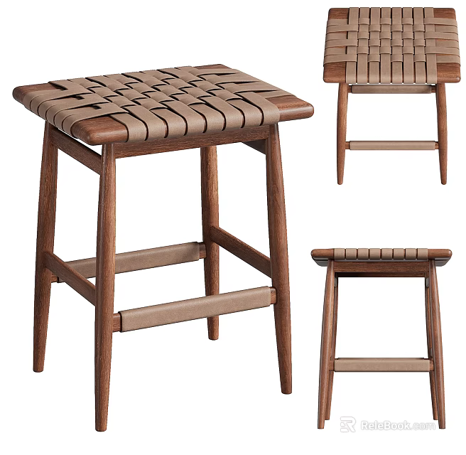 Modern Wooden Bar Stools Featuring Woven Seat and Sturdy Crossbar Design 3d model 