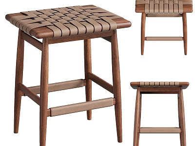 Modern Wooden Bar Stools Featuring Woven Seat and Sturdy Crossbar Design 3d model
