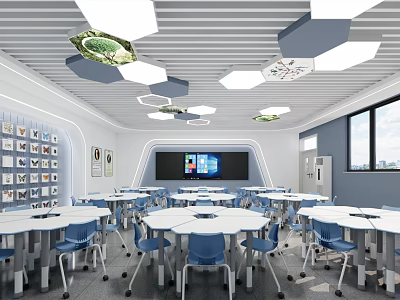 School Modern Classroom With Hexagonal Ceiling Lights Blue Chairs Round Tables And Wall Displays 3d model