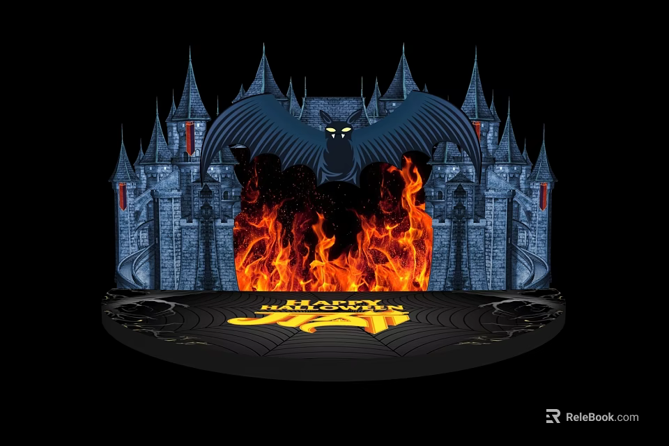 Ancient Castle Architecture With Flaming Fire Bat And Spooky Night Text On Black Background 3d model 