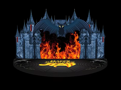 Ancient Castle Architecture With Flaming Fire Bat And Spooky Night Text On Black Background 3d model