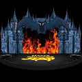 Ancient Castle Architecture With Flaming Fire Bat And Spooky Night Text On Black Background