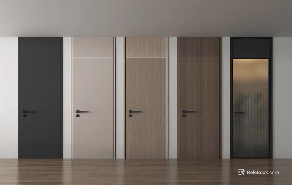Modern Interior Design With Various Colored Hinged Doors And Wooden Floor 3d model 
