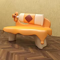 Orange Public Chair With Bone Shaped Backrest And Drippy Bottle Decoration On Wooden Floor
