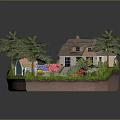 Cartoon Scene Featuring Small House With Thatched Roof Garden Flowers Trees and Stone Path