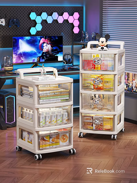 Multi layer Transparent Wheeled Storage Lockers For Snacks In Gaming Room 3d model 