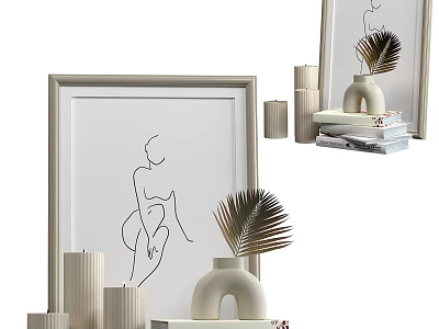 Minimalist Ornament Set With Line Drawing Frame Ceramic Vase Dried Palm Leaf And Candles 3d model