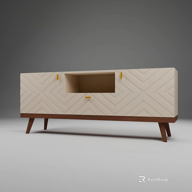Modern TV Stand With Chevron Pattern Neutral Finish Wooden Legs And Golden Handles 3d model 