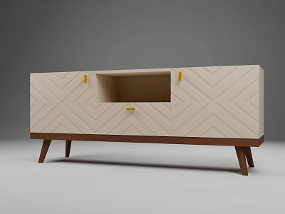 Modern TV Stand With Chevron Pattern Neutral Finish Wooden Legs And Golden Handles 3d model