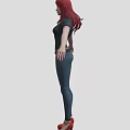 Red Haired Female Game and Movie Character in Black T shirt Red Heart Logo Blue Jeans Red Heels