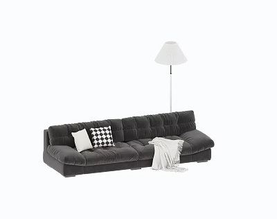 Cozy Gray Sectional Sofa Interior With White Checkered Pillows White Blanket And Floor Lamp 3d model