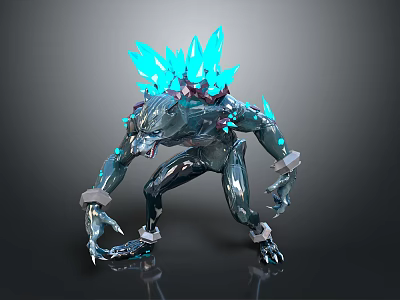 3D Fantasy Creature Character In Aggressive Stance With Blue Crystal Spikes And Mechanical Sharp Claws 3d model