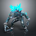 3D Fantasy Creature Character In Aggressive Stance With Blue Crystal Spikes And Mechanical Sharp Claws