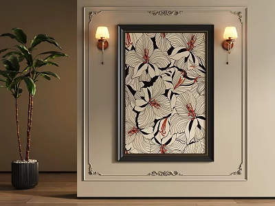 Floral Oil Painting In Ornate Frame On Beige Wall With Wall Sconces And Potted Plant 3d model
