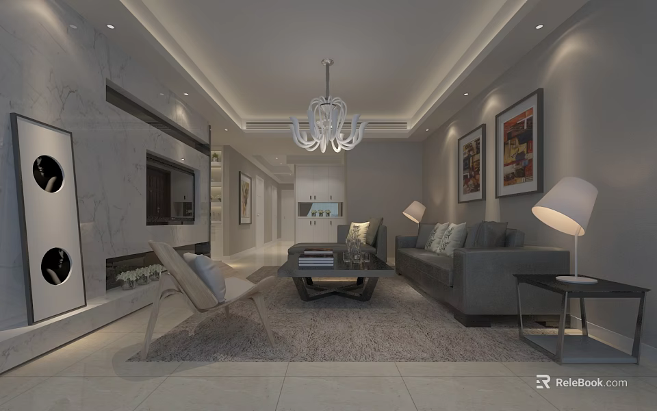 Modern Living Room Interior With Gray Sofa Coffee Table Chandelier Rug And Artwork 3d model 