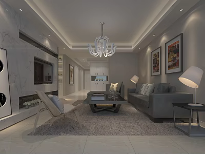 Modern Living Room Interior With Gray Sofa Coffee Table Chandelier Rug And Artwork 3d model