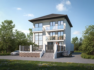 Modern Two Story Single Family House With Large Windows Balconies Green Trees Driveway And Lawn 3d model