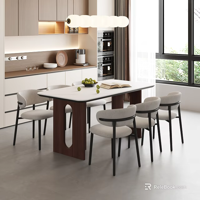 Modern Rectangular Dining Table With White Tabletop Wooden Base And Four Chairs In Kitchen Area 3d model 