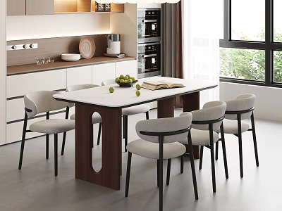 Modern Rectangular Dining Table With White Tabletop Wooden Base And Four Chairs In Kitchen Area 3d model
