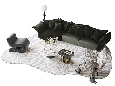 Dark Green Sofa and Coffee Table Set with Plush Cushions Accent Chair and Wavy Rug 3d model