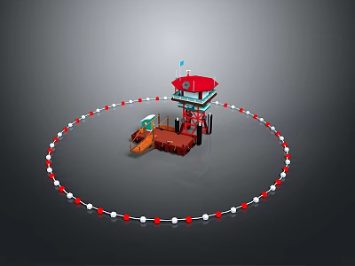 Scenic View of Red Tower with Orange Vehicle and Red White Circular Chain Fence 3d model