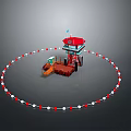 Scenic View of Red Tower with Orange Vehicle and Red White Circular Chain Fence