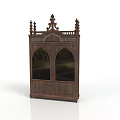 Traditional Wooden Cabinet With Intricate Carved Details And Arched Glass Doors