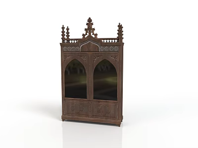Traditional Wooden Cabinet With Intricate Carved Details And Arched Glass Doors 3d model