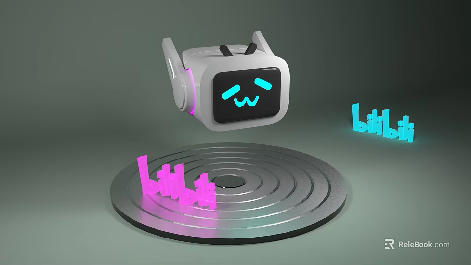 Cute Robot Head With Smiling Face Floating On Circular Platform With Bilibili Text 3d model 