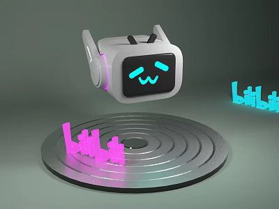Cute Robot Head With Smiling Face Floating On Circular Platform With Bilibili Text 3d model
