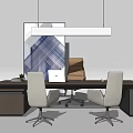 Modern Office Desk With White Chairs Brown Chair Books Pendant Light Artwork And Black Cabinets