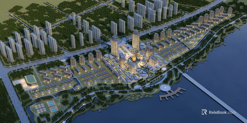 Residential Buildings Aerial View With High Rise Low Rise Greenery River And Urban Roads 3d model 