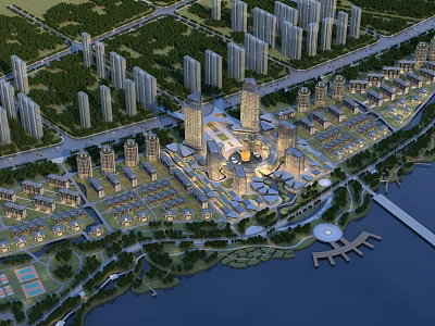 Residential Buildings Aerial View With High Rise Low Rise Greenery River And Urban Roads 3d model