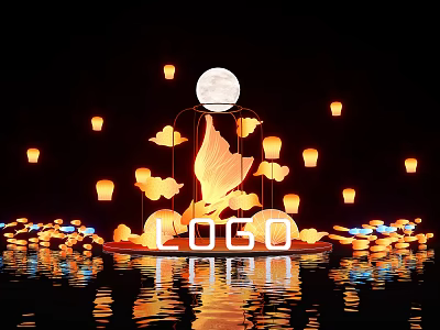 Scenic Photo Taking Check In Spot With Glowing Moon Floating Lanterns And Water Reflection 3d model